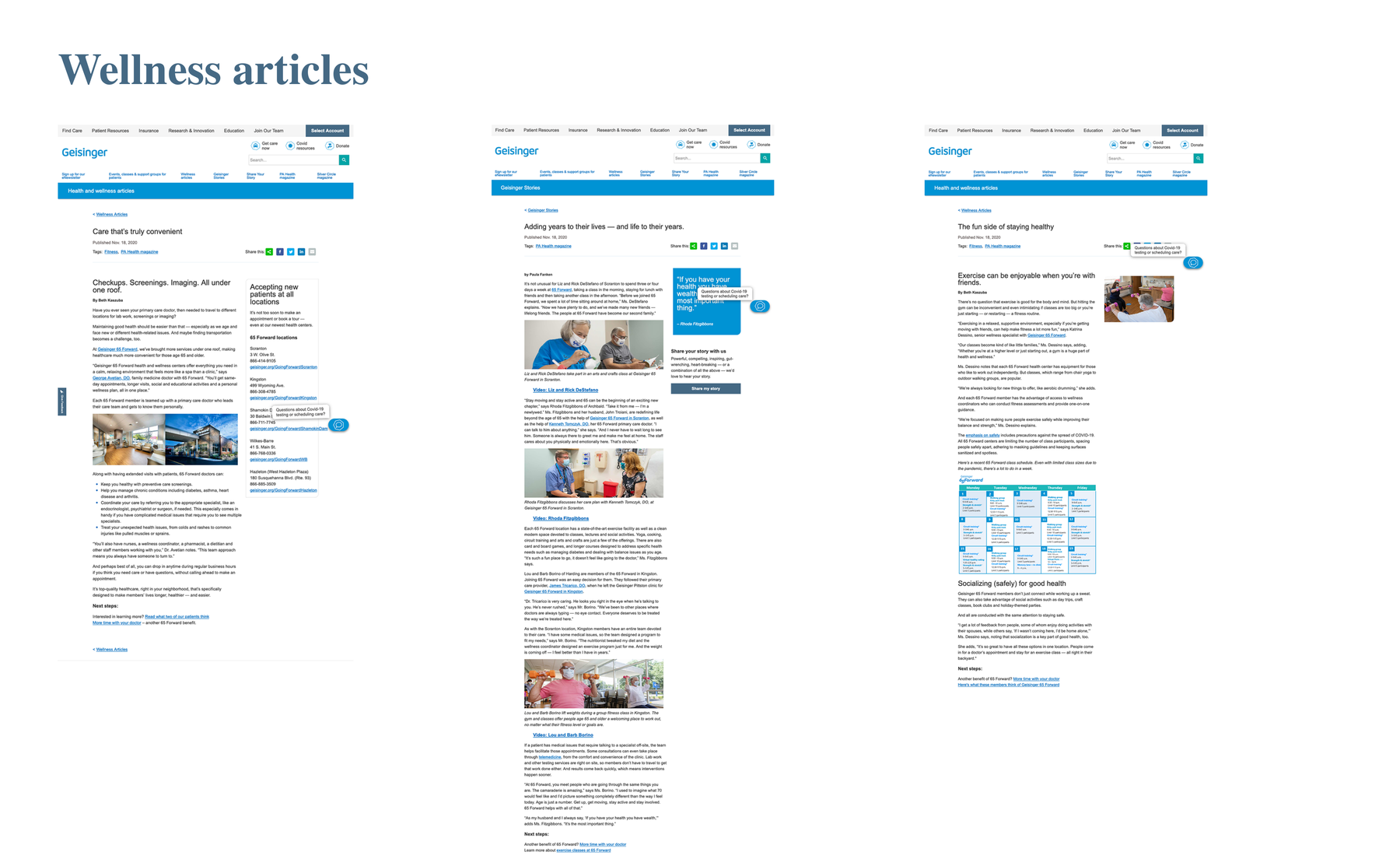 Three wellness-article template variations feeding traffic into the 65 Forward funnel