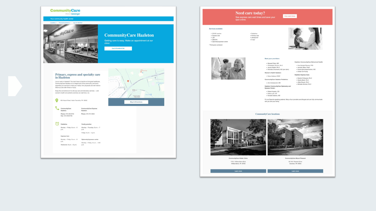 Community Care location detail page showing services list, address, and providers