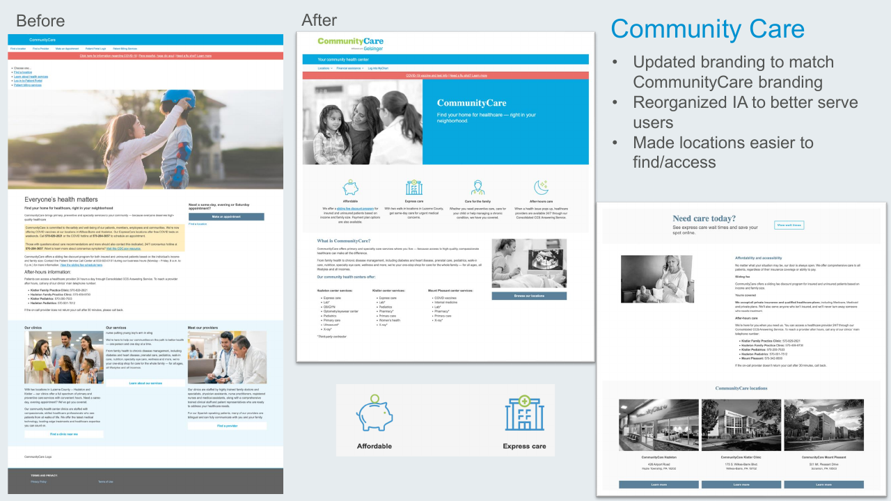 Community Care before-and-after slide showing the rebranded landing page