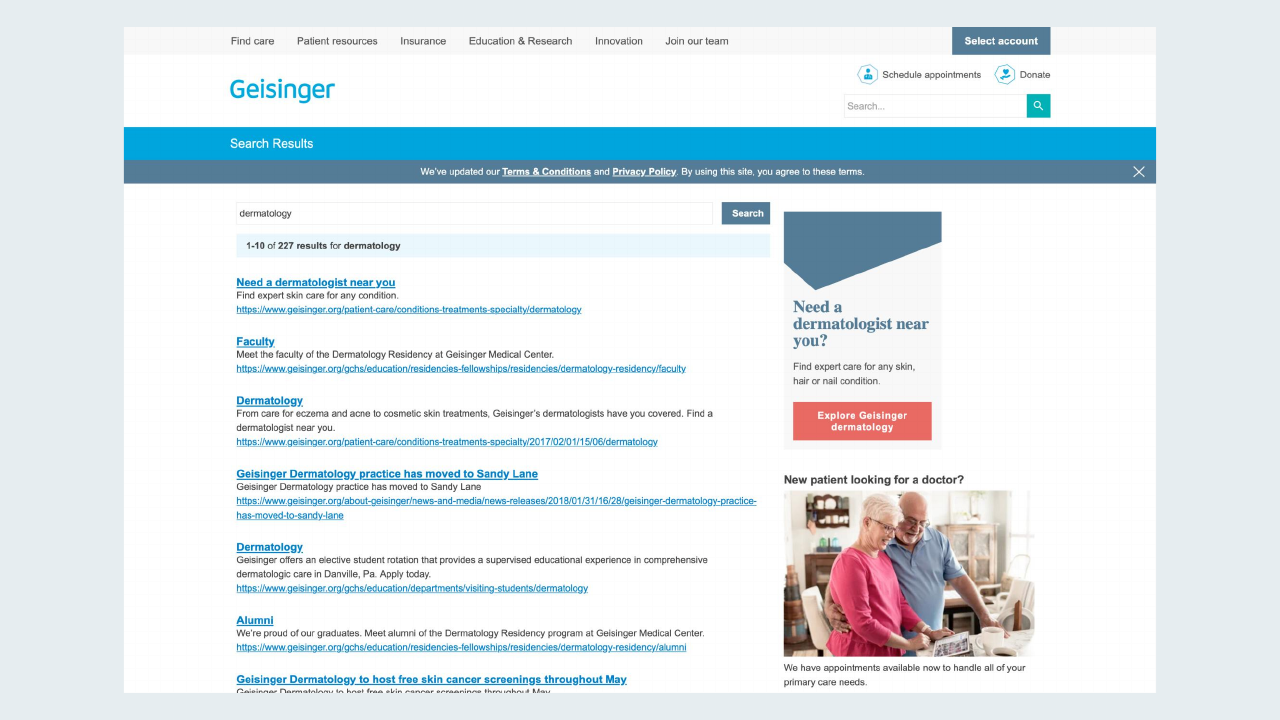 Cross-promotion component on the dermatology search results page