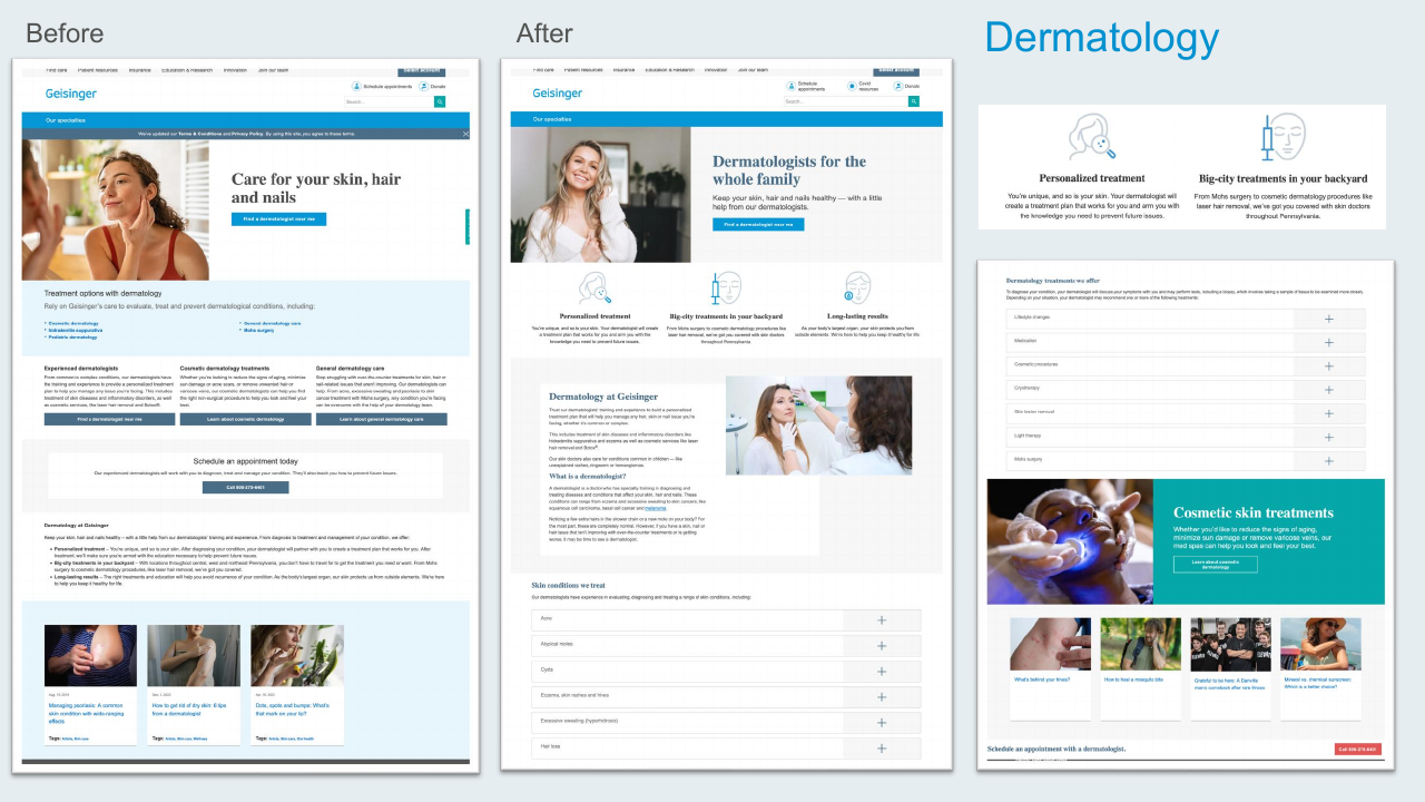 Dermatology before-and-after slide showing the redesigned landing page