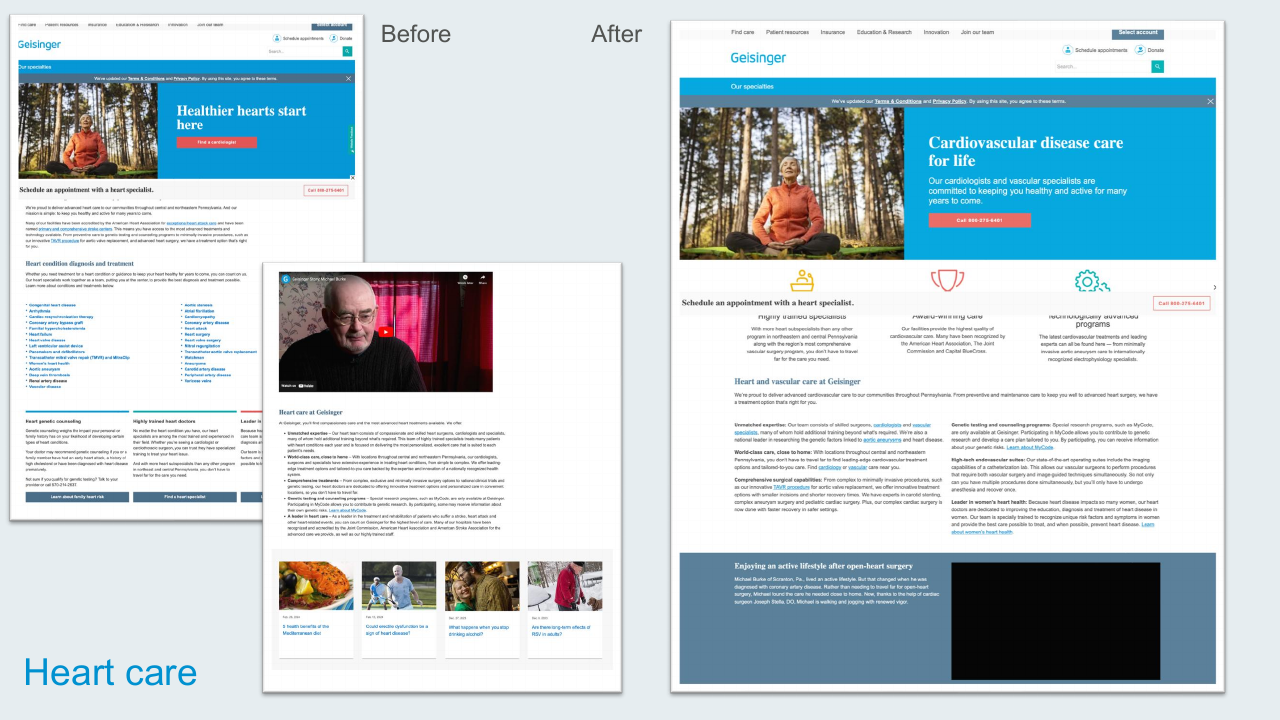 Before-and-after of the Heart Care page — one example of the 20+ redesigned experiences shipped in 2024