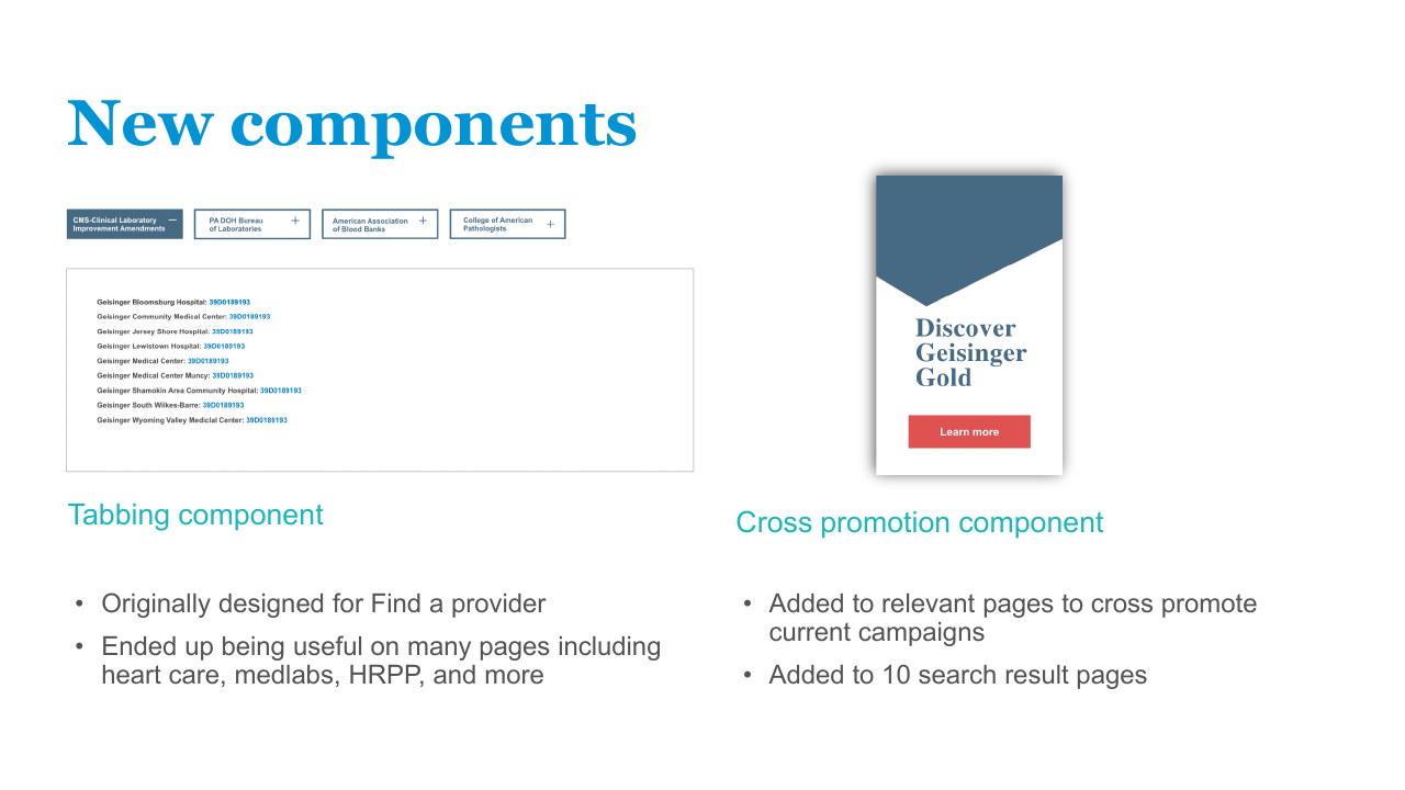 Slide showing both new components: the tabbing component (left) and the cross-promotion component (right)