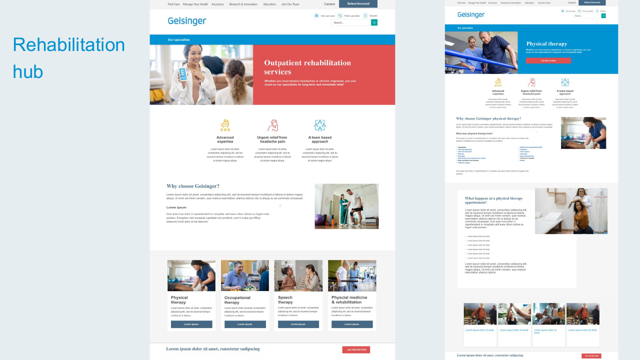 Rehabilitation Hub before-and-after page designs