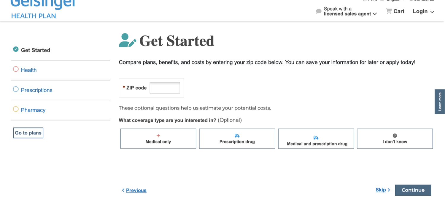 Enrollment step 1, Get Started: ZIP code and coverage type with progress in the left rail