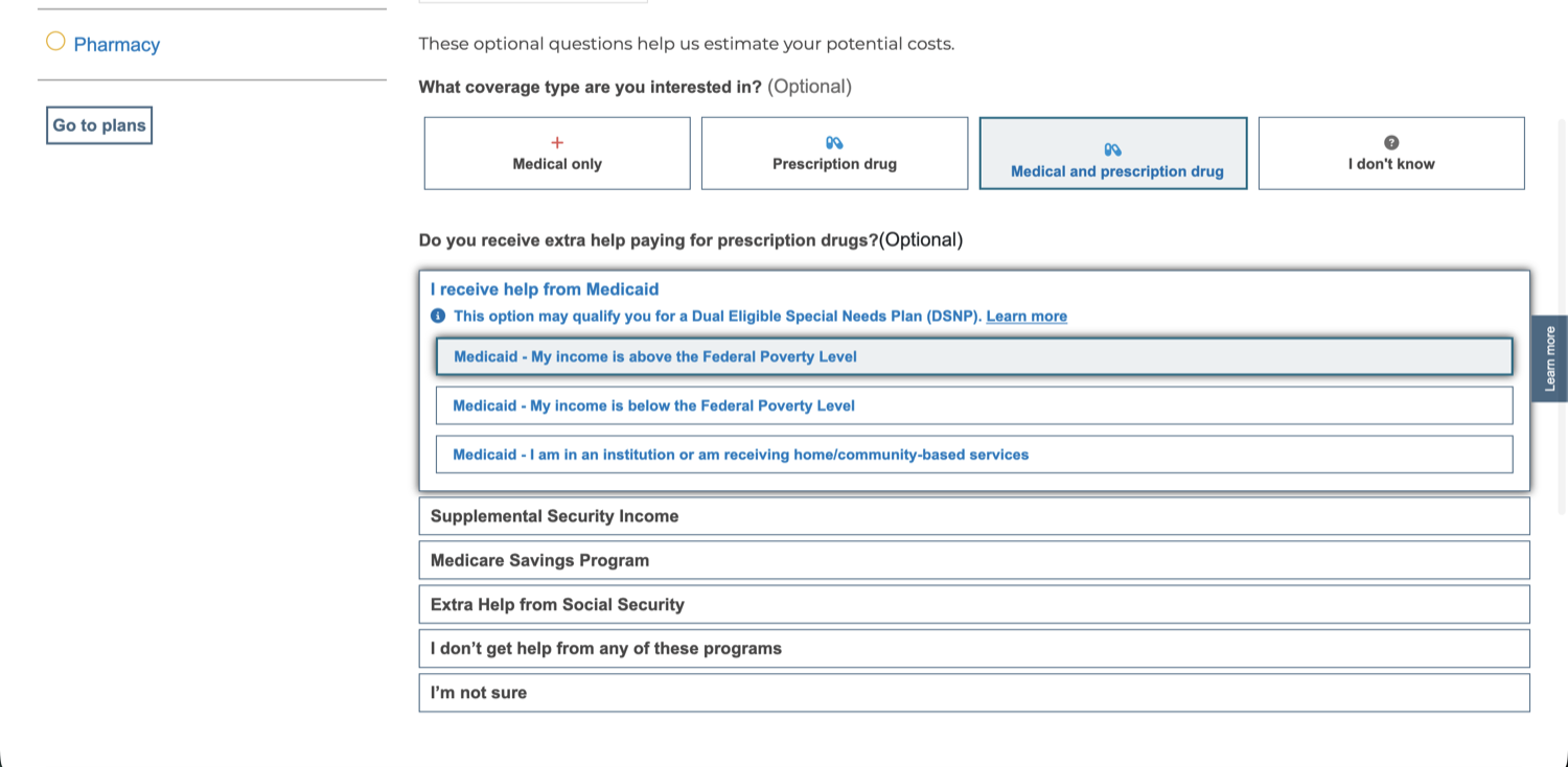 Guided optional questions about coverage type and Medicaid or extra-help status