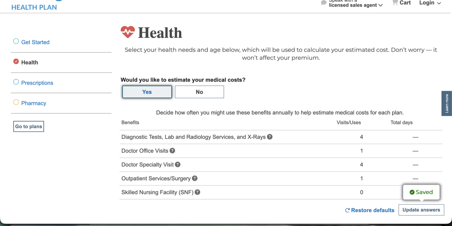 Health step: optional medical-cost estimate, noted as not affecting premium