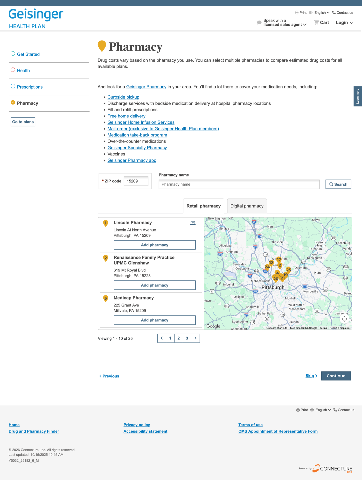 Pharmacy step: choose pharmacies on a map to compare drug costs