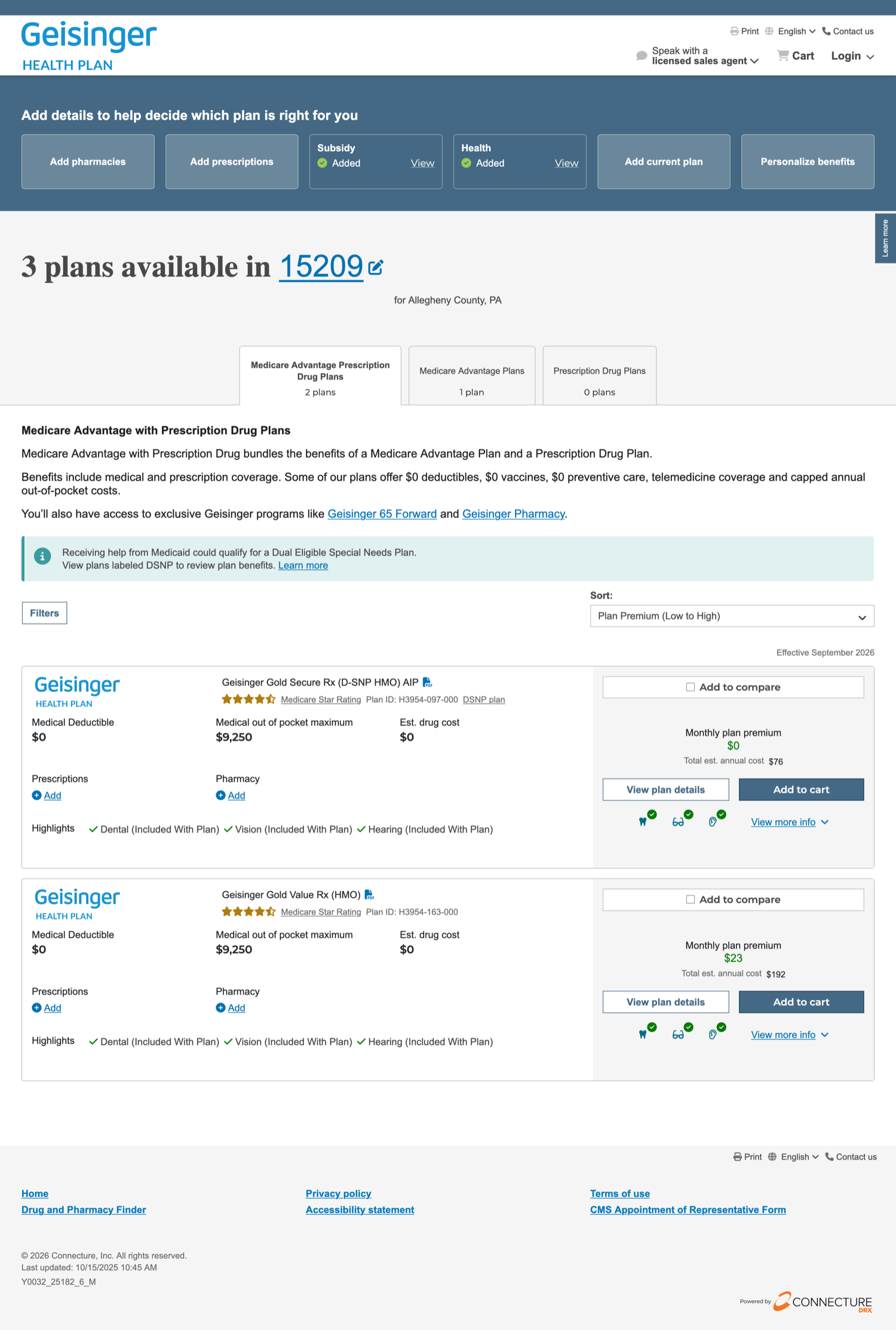 Plan results: available plans with premiums, deductibles, and estimated costs