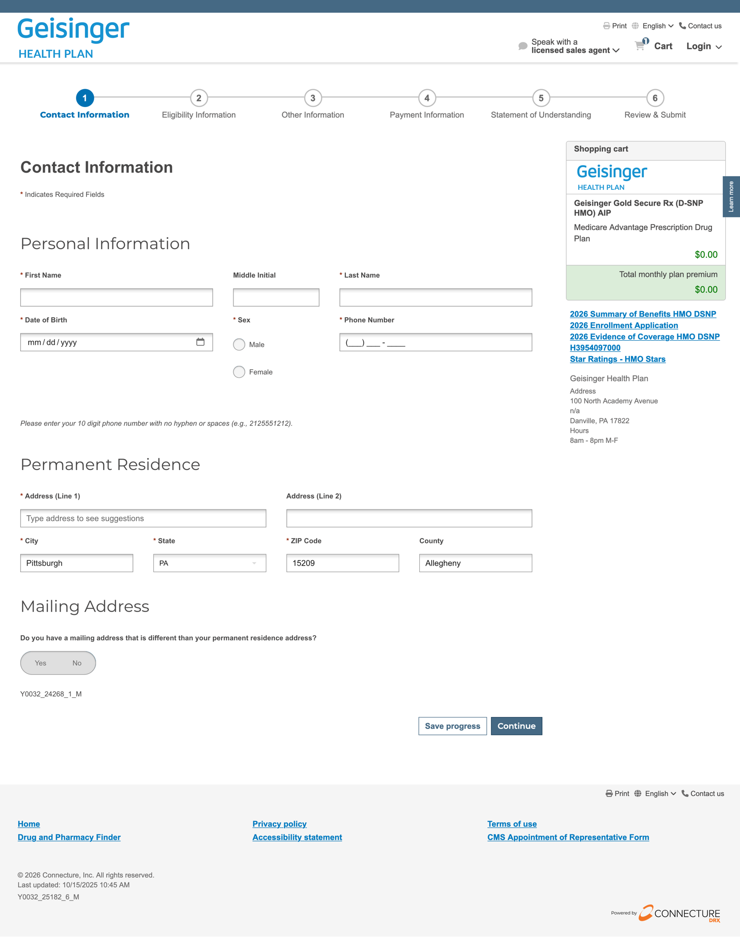 Enrollment application: Contact Information, step 1 of 6, with a progress tracker