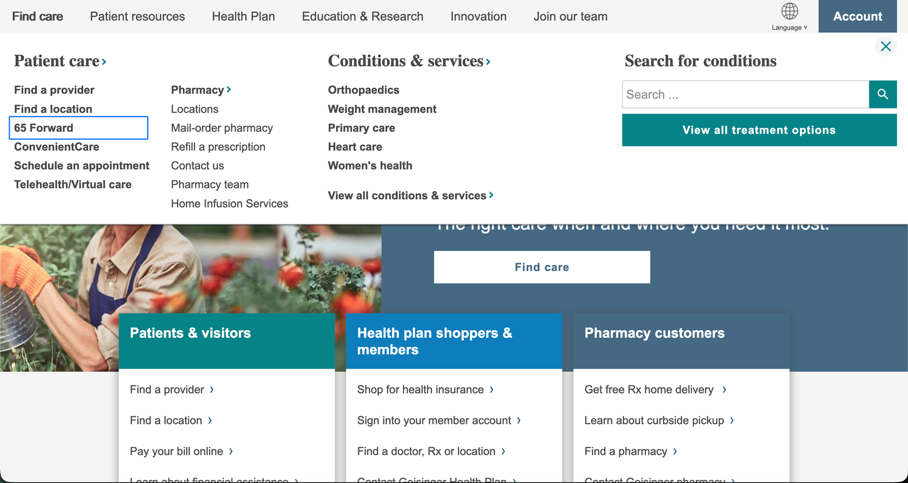 Accessible navigation redesign for Geisinger.org, showing a visible keyboard focus indicator