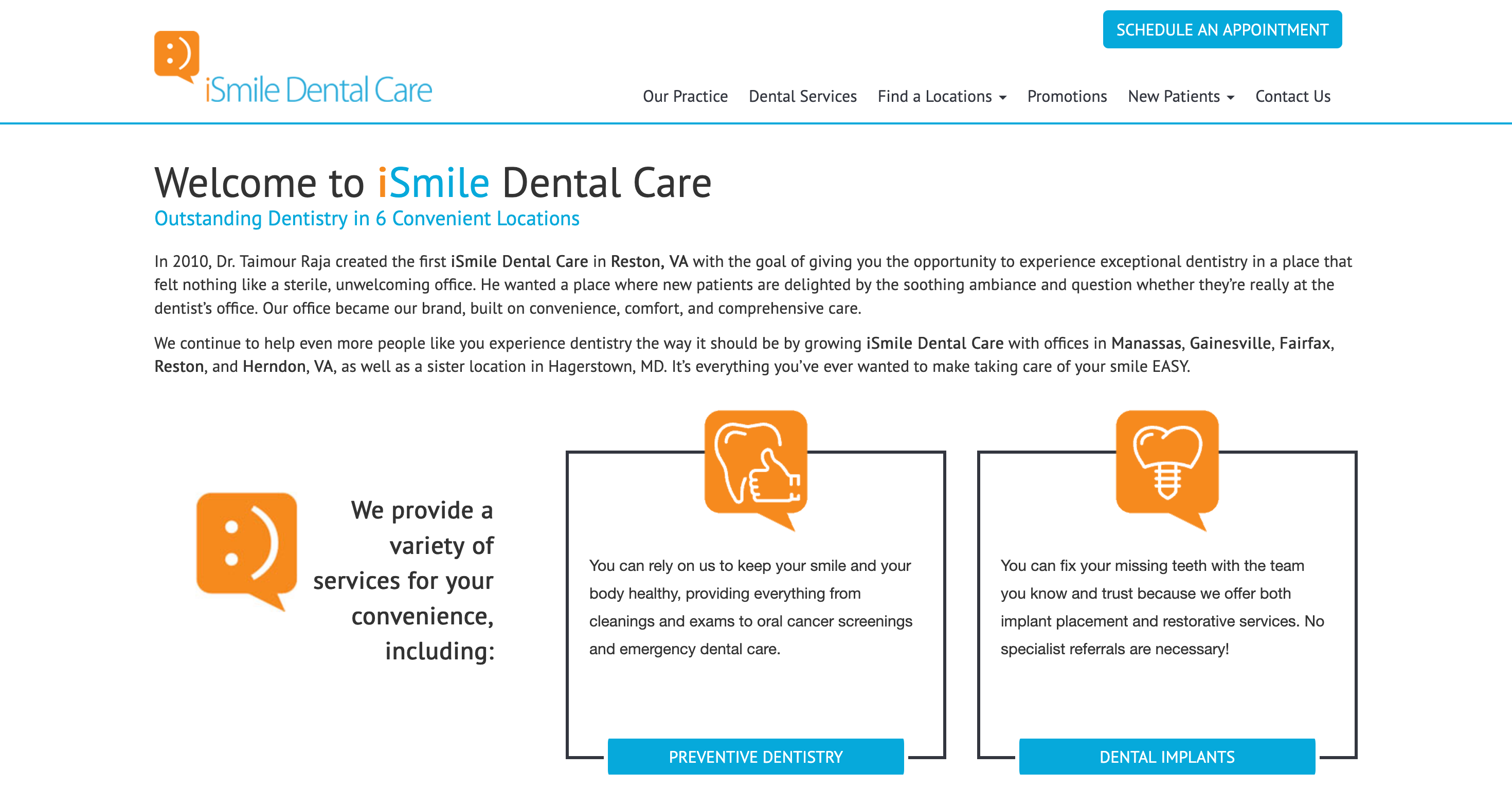 iSmile Dental Care multi-location practice website