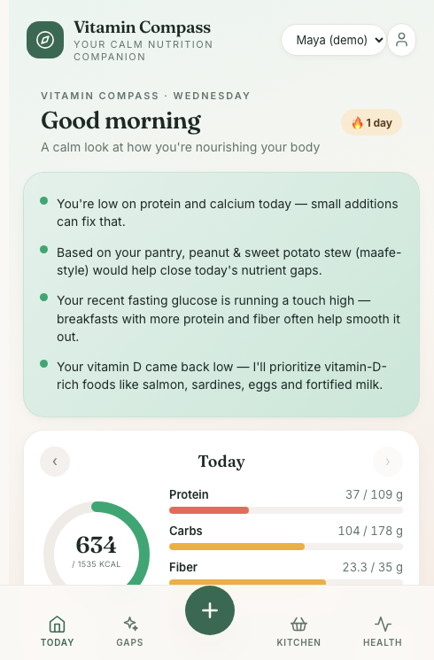 Vitamin Compass daily dashboard: calorie ring, macros, assistant nudges