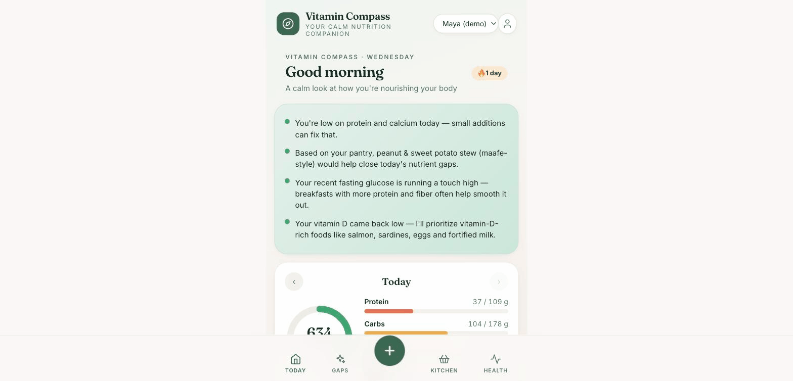 Animated walkthrough of Vitamin Compass: dashboard, vitamin completeness compass, gap suggestions, recipes, shopping list, labs and glucose tracking